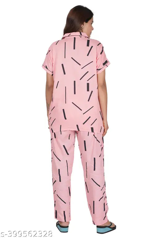 RILO Women's rayon night suit shirt and pyjama set with pocket, printed net design, soft and fine quality fabric, comfortable and long-lasting bedroom wear