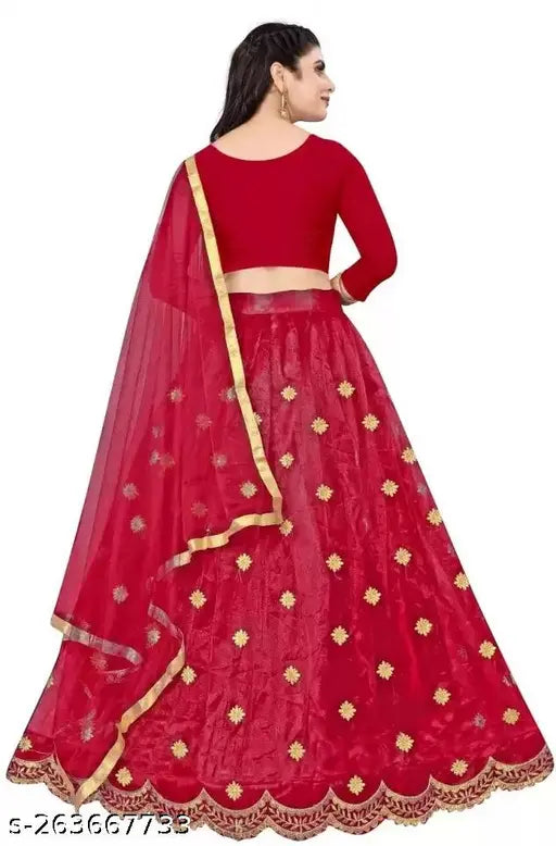 Embroidered satin lehenga choli set with dupatta, jari work and heavy embroidery on Banglori silk, semi-stitched in Indian free size (waist-44 inches, height-44 inches)