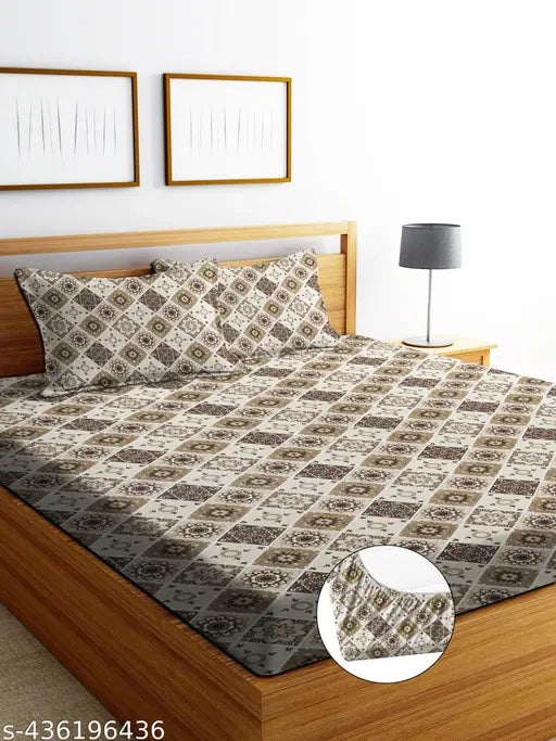 Glace cotton around-elastic double bedsheet set with 2 pillow covers, 72x78 inches and 18x28 inches, ethnic motifs, ideal for adults in AC rooms