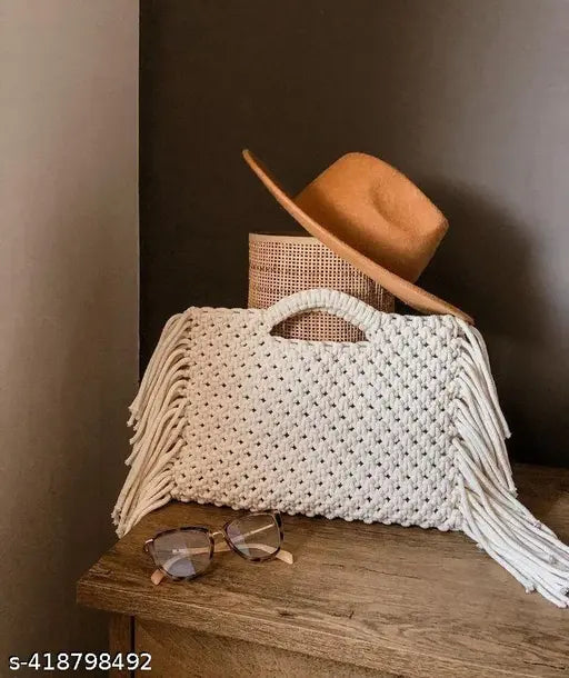 Cotton macramé women's handbag with tassels, cotton lining 3 card slots" #