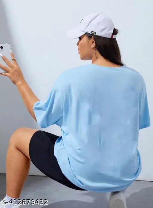 Plus size plain round neck oversized t-shirt for women, available in navy blue and light blue