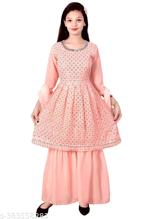 Georgette sharara set with dupatta, embellished sleeve A-line dress, looking like BowPeach for girls aged 4-5 years, India origin