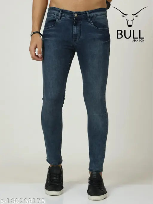 Stylish blue denim jeans by Bull Jeans, faded and solid pattern, size 38 (waist 40in, length 45in), made in India