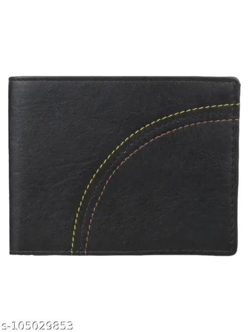 Black PU leather men's wallet with tri line thread design, featuring card and coin pockets. Compact size, free size (11cm x 9cm), ideal for everyday use