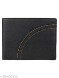 Black PU leather men's wallet with tri line thread design, featuring card and coin pockets. Compact size, free size (11cm x 9cm), ideal for everyday use