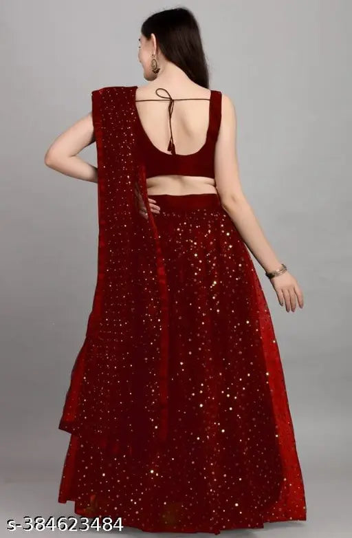 Maroon satin top and net bottom semi-stitched lehenga with embellished dupatta, Indian bridalwear new arrival