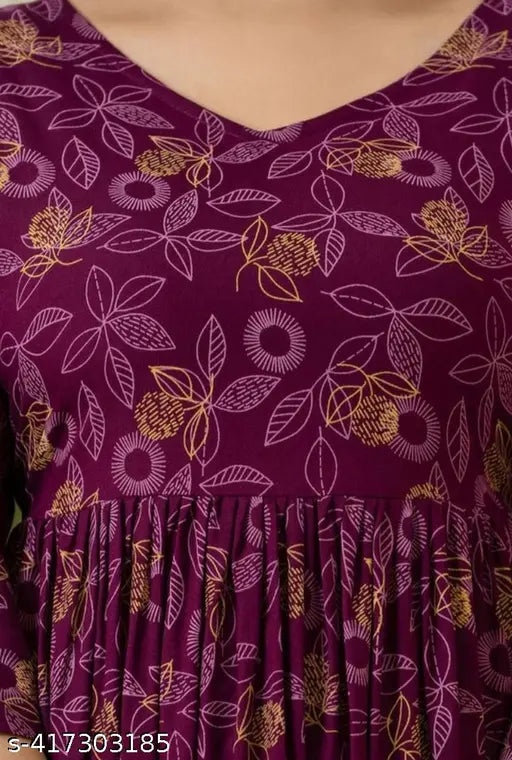 Wine premium rayon women's printed co-ord set, featuring trendy pocketed top and pyjama pants in three-quarter sleeves