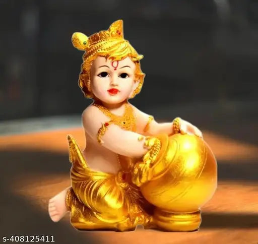 Golden Resin Krishna Idol - Laddu Gopal with Matki, Makhan Chor Kanha Murti for home decoration & Pooja room
