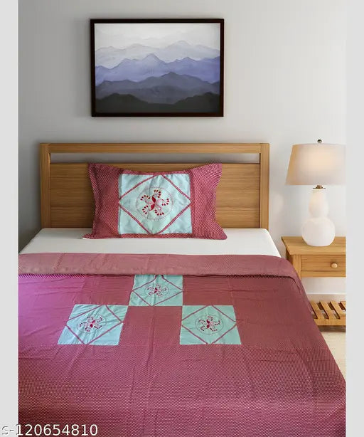 Red embroidered cotton double bedsheet set with 2 pillow covers, superfine quality for summer use