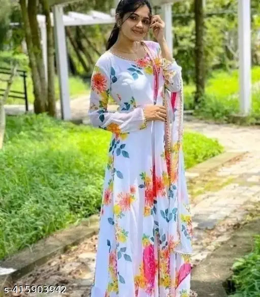 Printed Georgette long-sleeved women's gown set (S - XXL), Indian origin