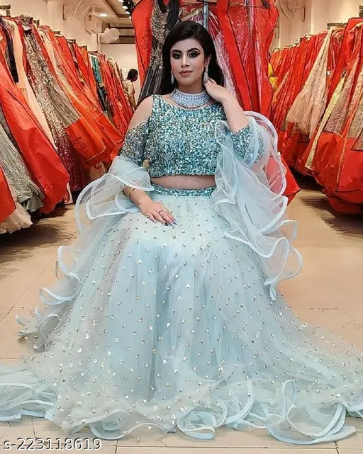 Light blue velvet and net sequinned Bollywood wedding lehenga with embroidered top and embellished dupatta, semi-stitched (LW42, LL42, DL2) - Indian designer Lehenga Dhavani