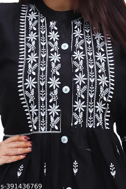 Black and white embroidered cotton rayon kurta, long sleeves, women's fashion