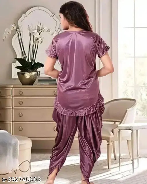 Black hosiery night suit and pajama set for women and girls, solid pattern sleepwear