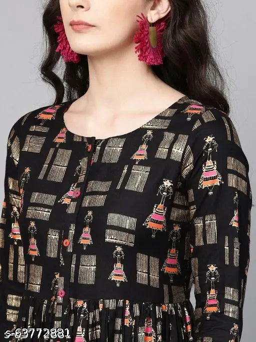 Black rayon long kurti with three-quarter sleeves and printed combo, single size options M (38in bust, 50in length) and L (40in bust, 42in length), Indian fashion