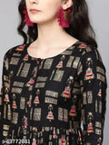 Black rayon long kurti with three-quarter sleeves and printed combo, single size options M (38in bust, 50in length) and L (40in bust, 42in length), Indian fashion