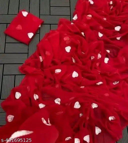 Red georgette sari with hearts pattern and fringe details
