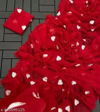 Red georgette sari with hearts pattern and fringe details