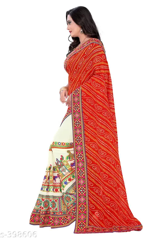 Fancy red Georgette saree with pallu