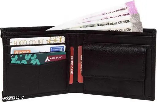 Black genuine leather men's casual formal wallet, regular size with 7 card slots & two compartments, ideal for everyday use