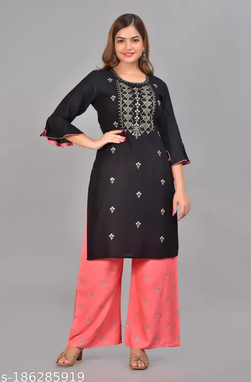 Rayon kurta & pallazzo set, three-quarter sleeve, printed net, dashing Indian fashion