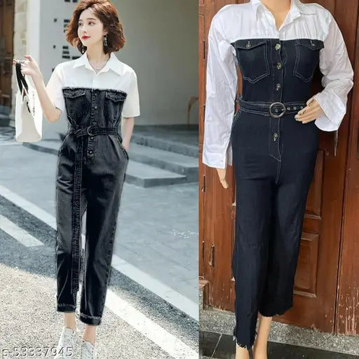 Carbon black denim jumpsuit by HighBuy, one-size-fits-all from xxs to M, solid colored imported quality with belt