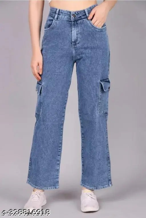 Stylish pocket denim jeans, long flared legs