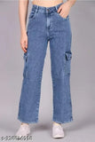 Stylish pocket denim jeans, long flared legs