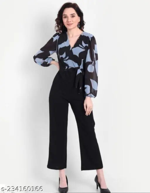 Georgette sky and black trendy jumpsuit, long sleeves, printed net, V-neck, waist tie-ups, 2 pockets, India origin