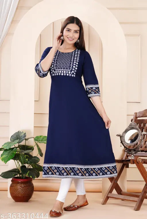 Navy blue printed and embroidered long kurta dress with matching dupatta