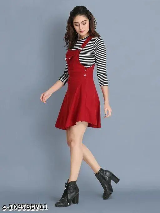 Marron striped net Lycra three-quarter sleeved dungaree skirt for women - Made in India (XS, bust 32", length 35")