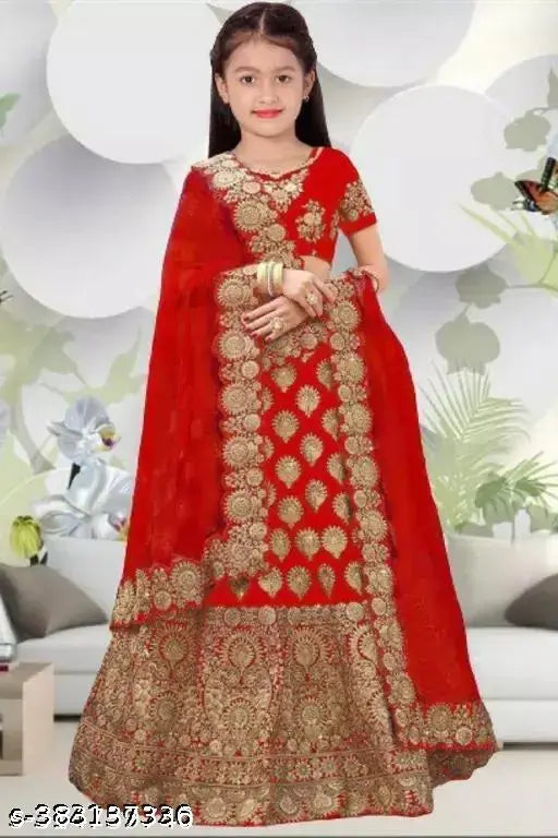 Taffeta silk lehenga choli for girls, embroidered and printed with semi-stitched net dupatta, suitable for festive or ethnic wear