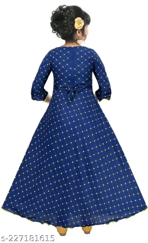 Cotton blend checked net kids gown, three-quarter sleeves for 6-16 years