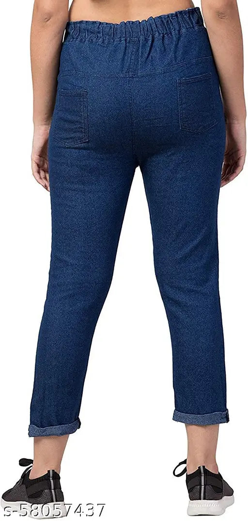 Printed denim women's joggers, stylish and comfortable, size 26 or 28, Indian origin