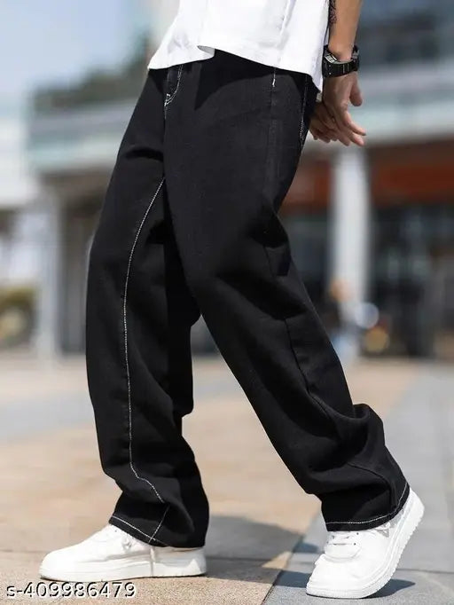 Oversized black cotton-blend baggy with white contrast, solid net design - size 28/30