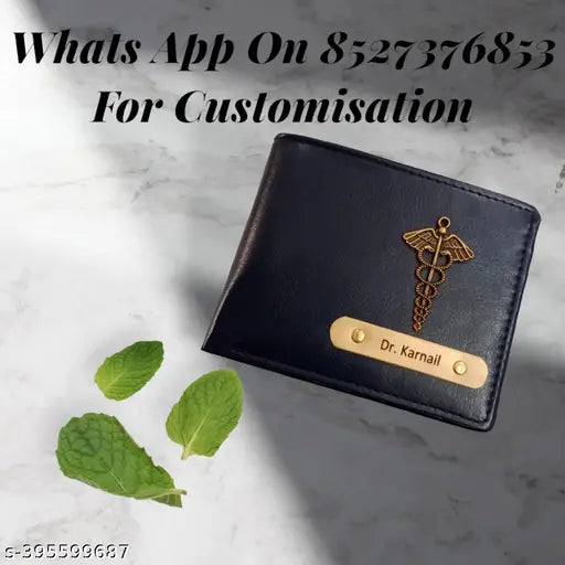 Blue leather customised men's wallet with 2 compartments, premium matt finish, free size (11cm x 8cm), ideal for organizing essentials