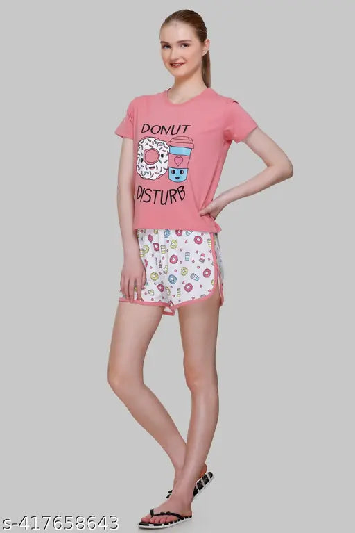 Women's cotton printed shorts set with matching top, sleepwear for girls night, Indian-made cotton nightsuit set with short sleeves