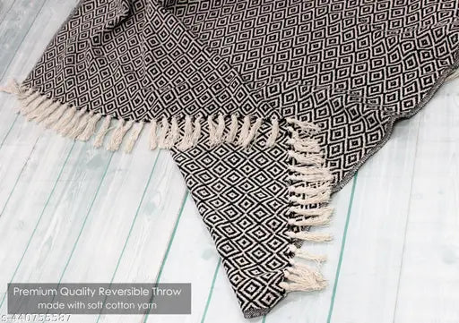 Black & White cotton argyle throw with beautiful fringes, perfect for all-season use and versatile usage, made in India
