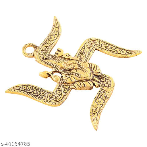 Metal wall hanging with Satik and Ganesh design, blending traditional patterns and spiritual symbolism. Ideal for office walls, rooms, or doors. Handcrafted metal showpiece (0.5cm L x 7cm H x 7cm W), elevating decor with cultural elegance