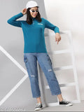 Cotton blend solid blue t-shirt for women, AUSK brand, India origin