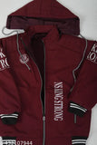 Red and black jacket with hood, zip front, white print