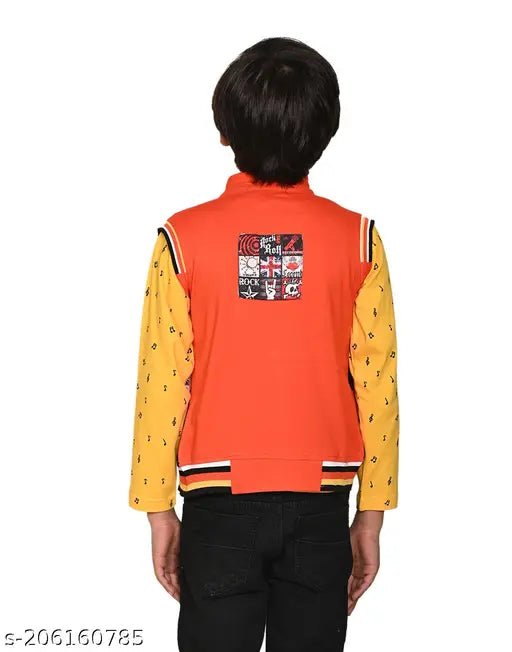 Printed summer boys combo set, yellow jacket with red and blue stripes, black pants