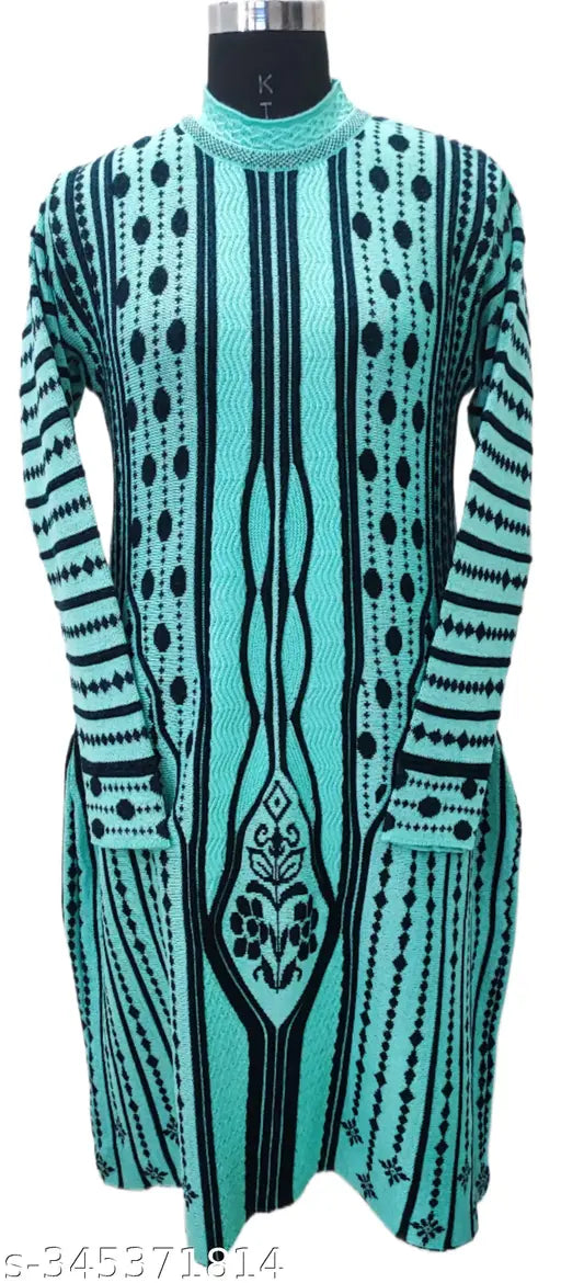 Woolen long kurta in teal and patterned sleeves
