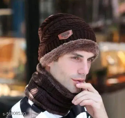 Brown woolen beanie cap & muffler scarf set, soft & durable for men and women
