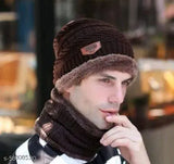 Brown woolen beanie cap & muffler scarf set, soft & durable for men and women