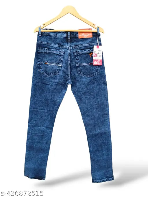Men's light blue denim jeans with zipper and pockets