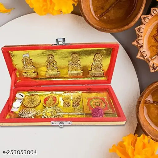 Golden Brass Shri Dhan Laxmi Kuber Bhandari Yantra Set with 13 accessories, including idols, pendants, coins, and yantras, traditionally placed for wealth and prosperity in Indian households