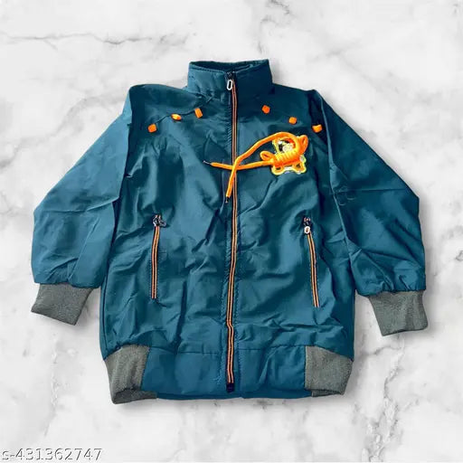Boys' blue golda zip jacket with orange emblem, perfect for cold weather and stylish outfits