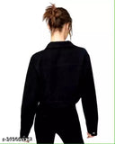 Black denim women's jacket, solid black long sleeves, size S (bust 36in, length 21in), made in India
