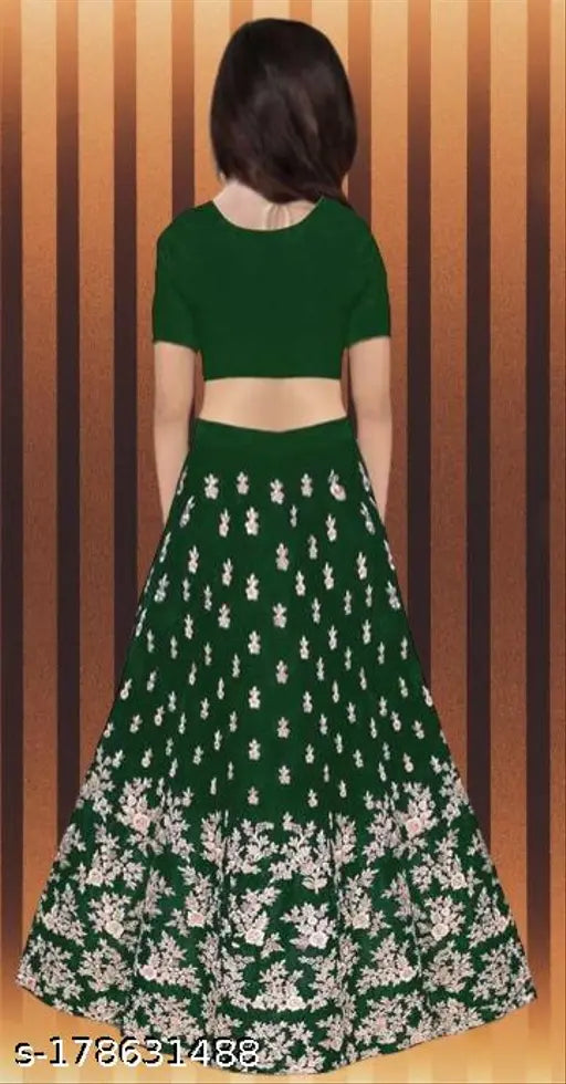 Embroidered satin and net lehenga choli for girls, 3-15 years, Indian traditional clothing on display