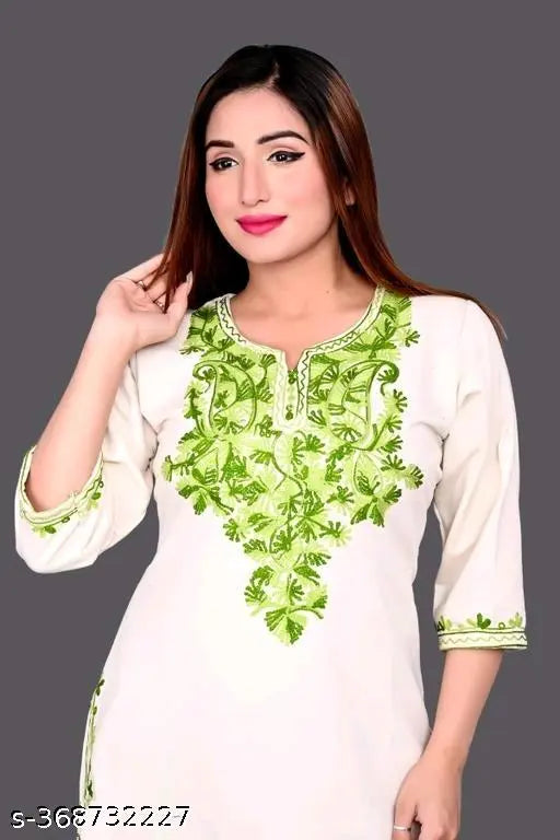 Trendy white and green patterned kameez with floral embroidery, full-length design